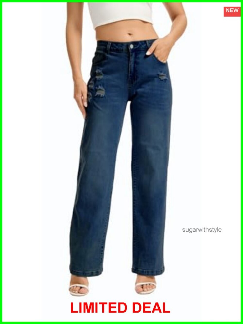 Wide Leg Ripped Jeans Stretchy Straight Leg Baggy Denim Pants Pockets